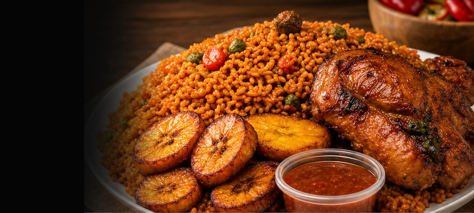 A hot plate of rice, grilled chicken, and plantain from 5G Eatery